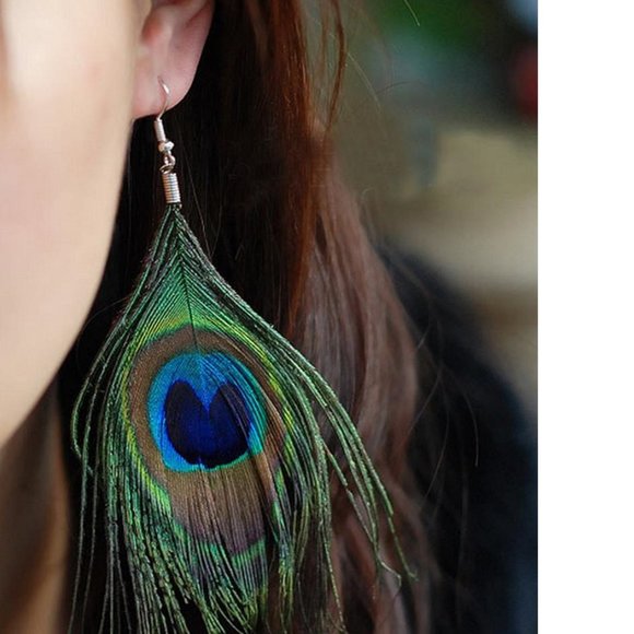 brand new Bohemian Peacock Eye Feather Dangle Earrings w/ French Ear Hook - Picture 4 of 9